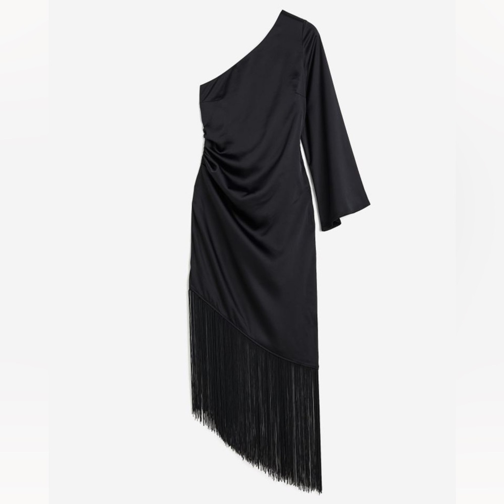H&M One Shoulder Dress With Fringe Trim